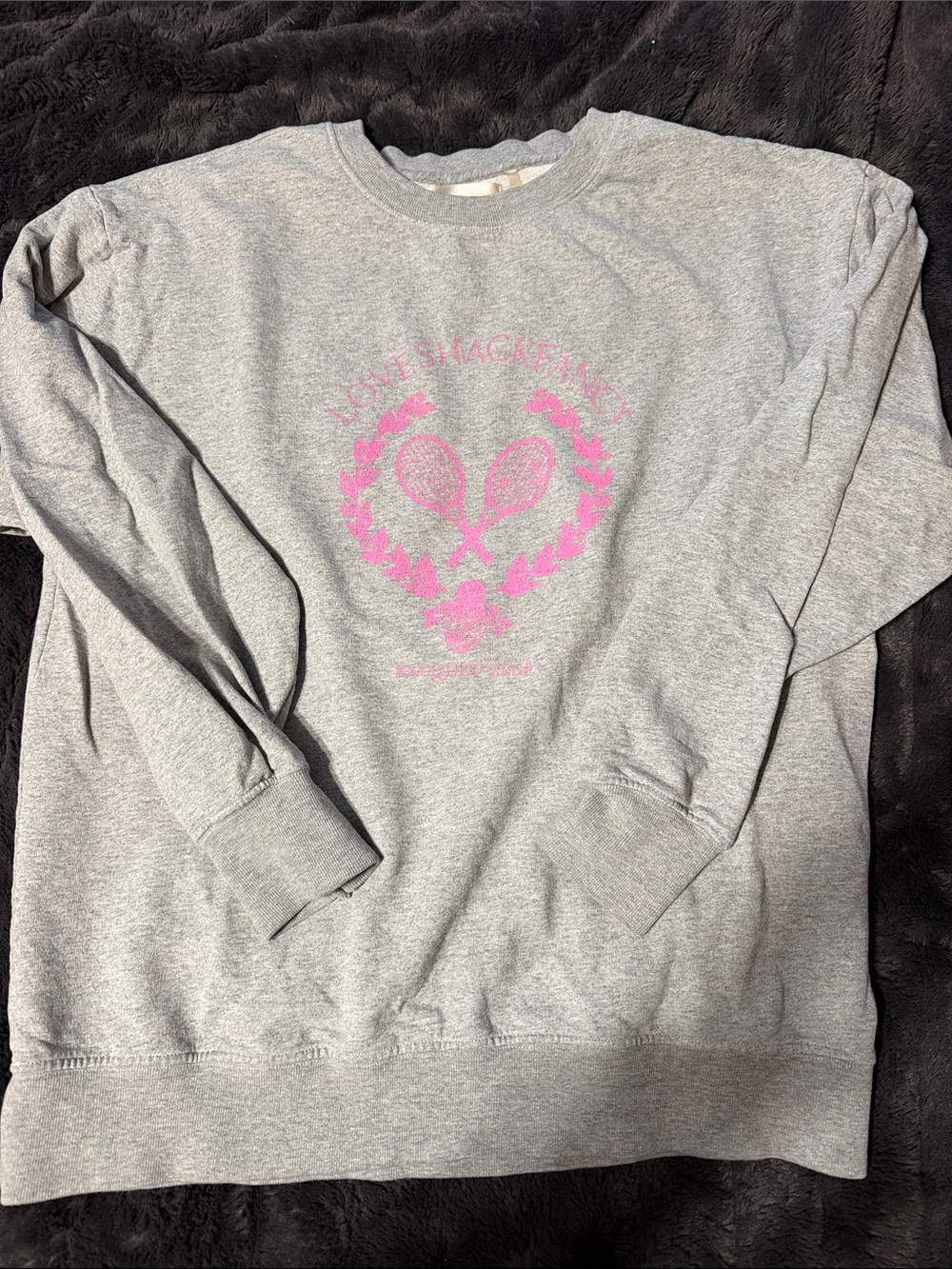 Loveshack Fancy. Gray Crewneck Sweatshirt with Pink Tennis Graphic
